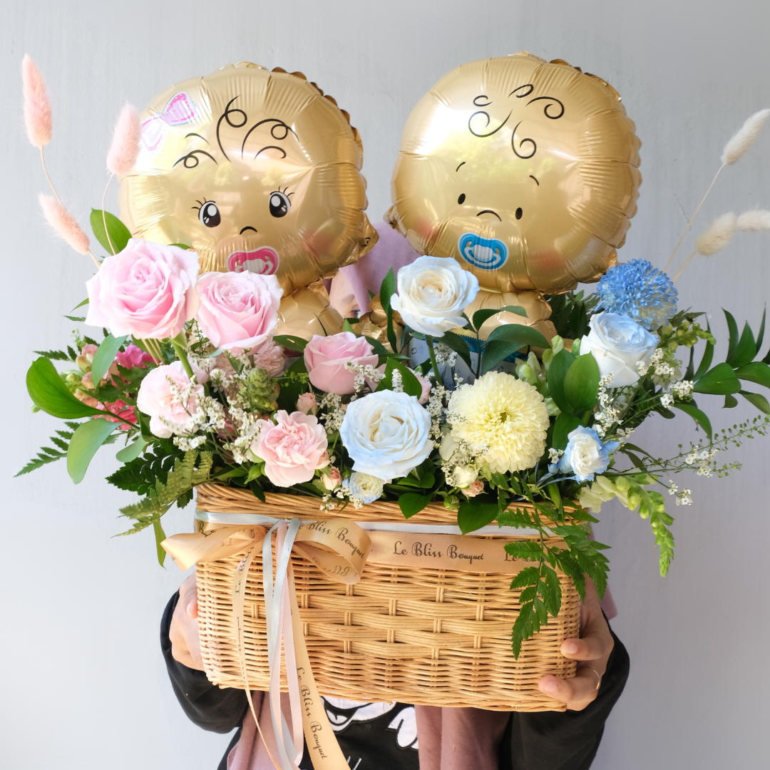 Newborn Baby Twins Gift in Rattan - Le Bliss Bouquet
