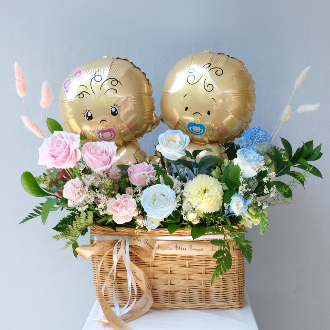 Newborn Baby Twins Gift in Rattan - Le Bliss Bouquet