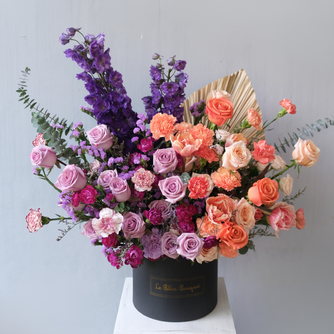 Purple Delphinium Orange Grand Bloombox - Le Bliss Bouquet