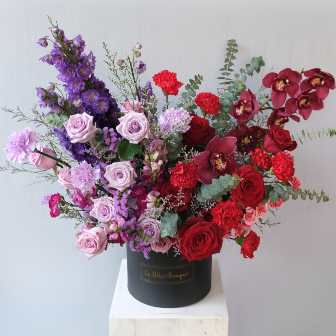 Elegant Maroon Purple Cymbidium Grand Bloombox - Le Bliss Bouquet