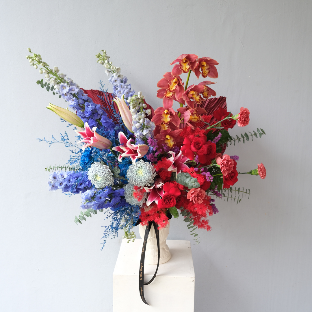 Red Blue Delphinium Grand Vase - Le Bliss Bouquet
