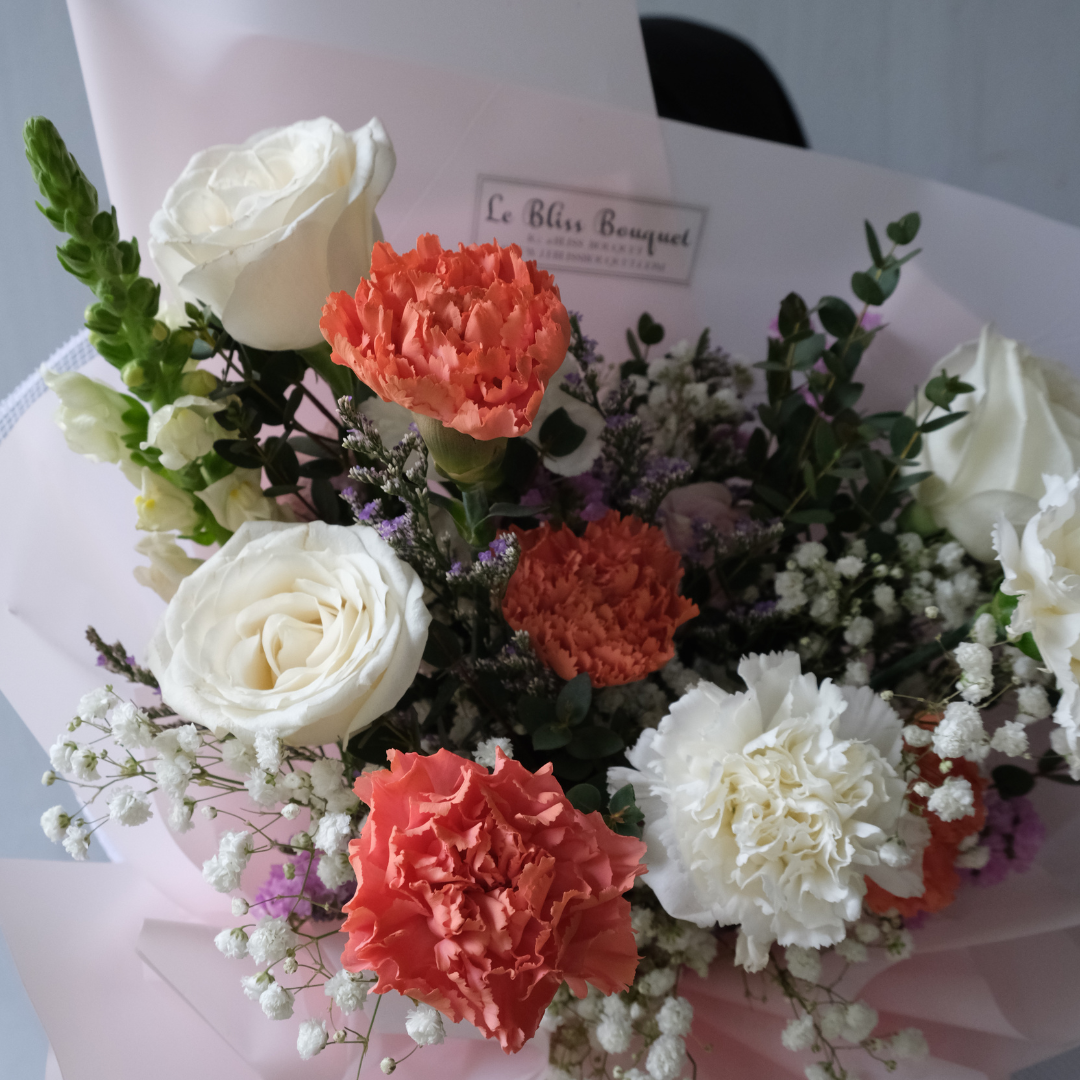 Orange Carnation Black White Medium Bouquet