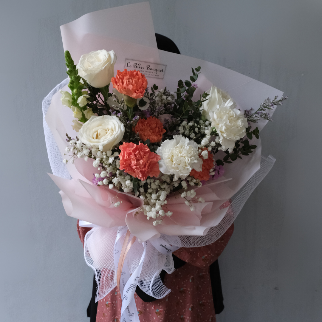 Orange Carnation Black White Medium Bouquet