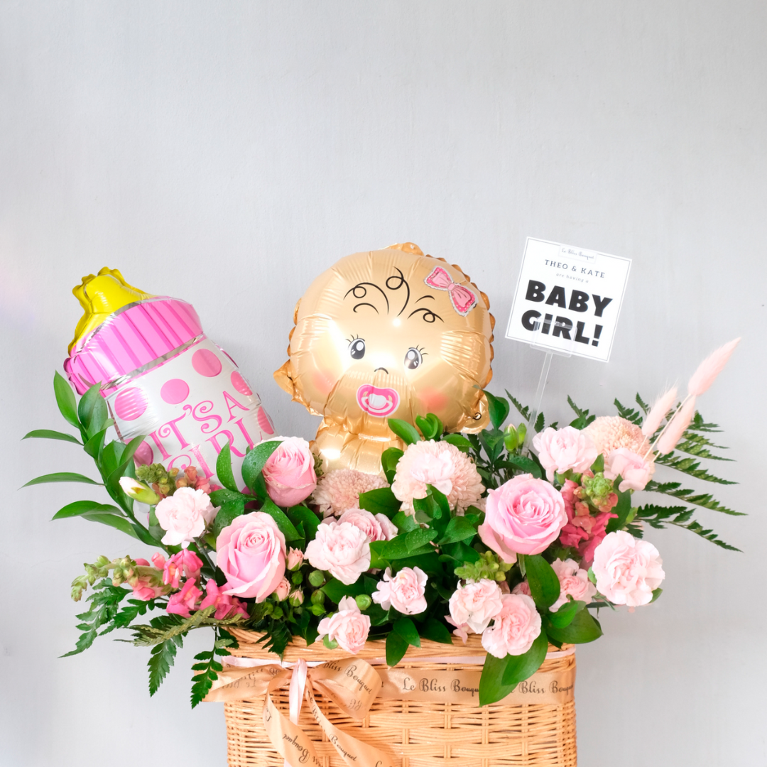 Newborn Baby Girl Gift in Rattan - Le Bliss Bouquet