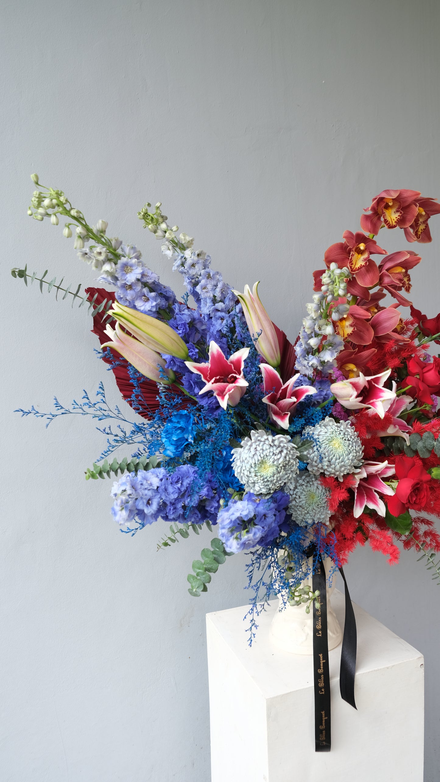 Red Blue Delphinium Grand Vase