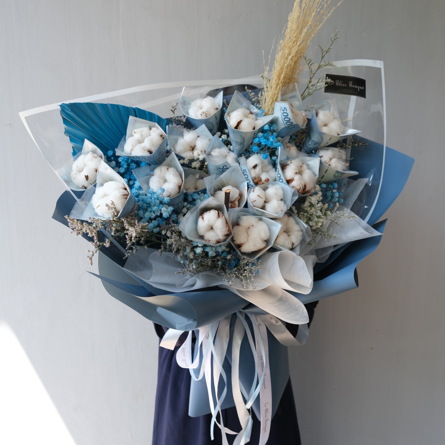 Everlasting Cotton Blue Money Bouquet | 20 Lembar