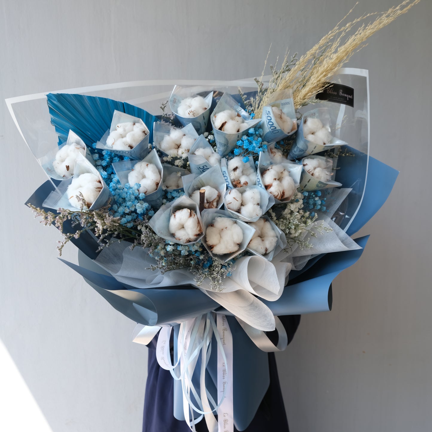 Everlasting Cotton Blue Money Bouquet | 20 Lembar