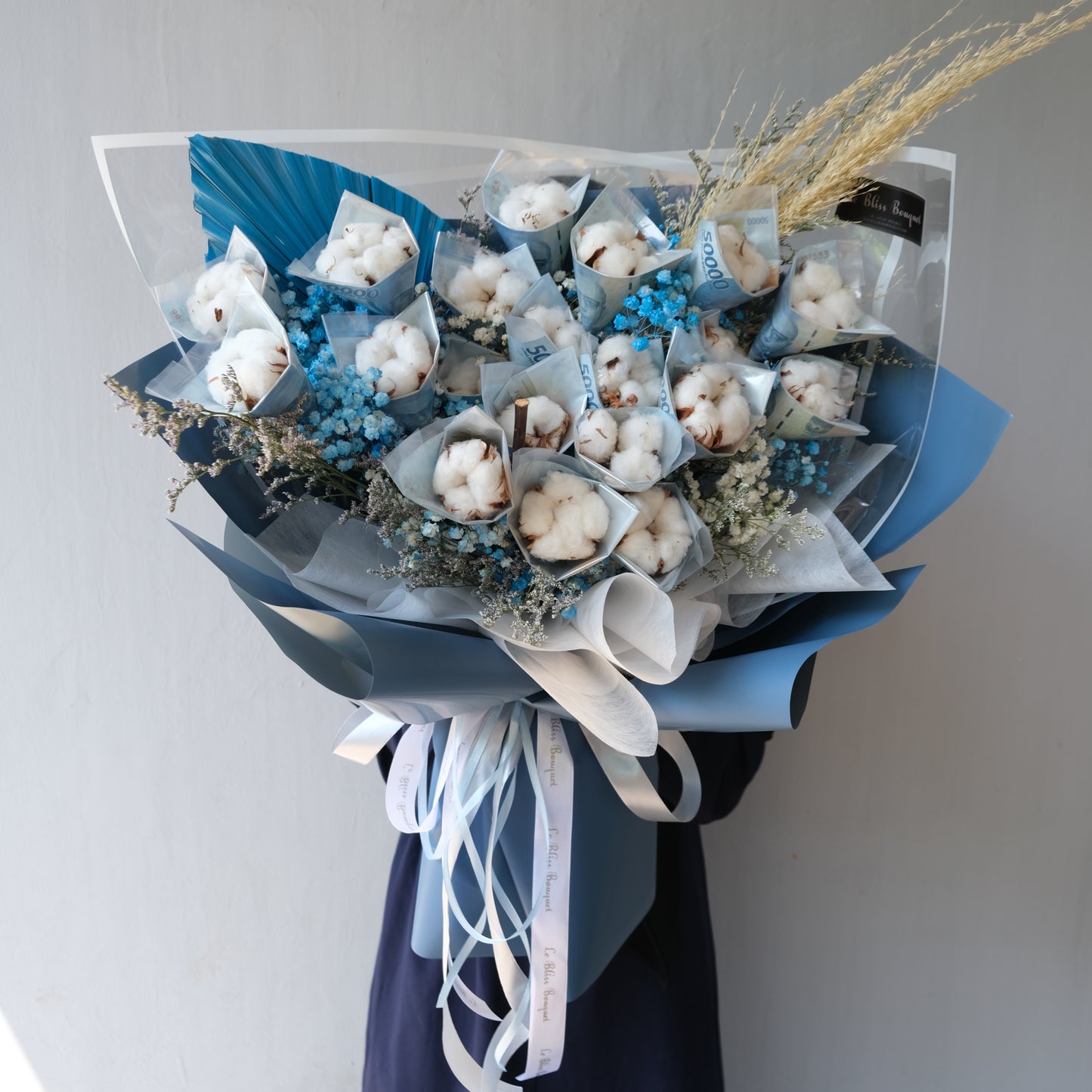 Everlasting Cotton Blue Money Bouquet | 20 Lembar