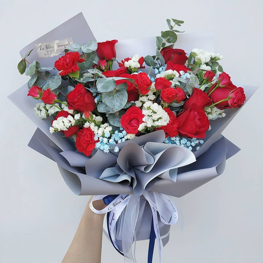 Sexy Red Rose Blue Grey Bouquet