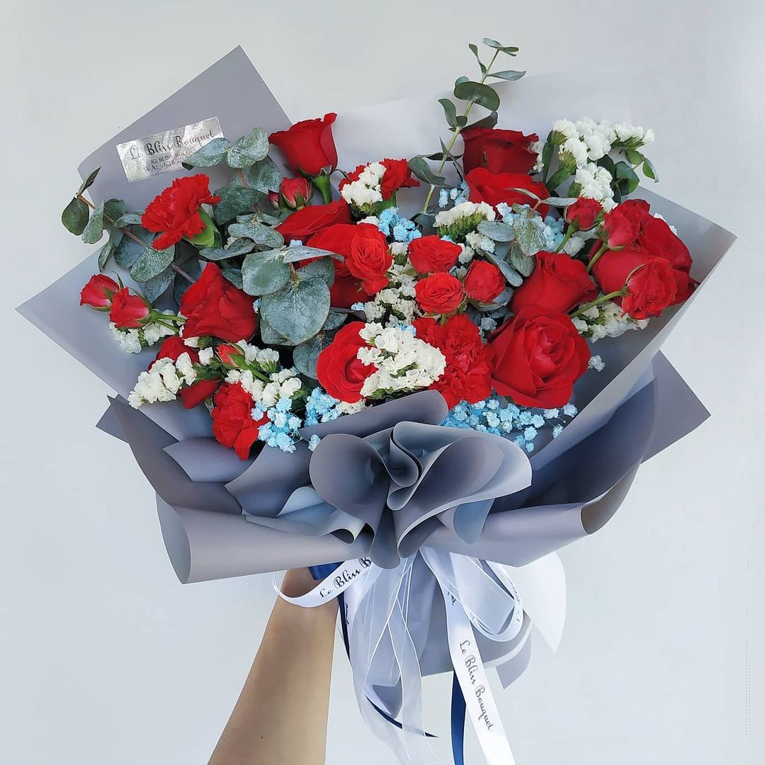 Sexy Red Rose Blue Grey Bouquet