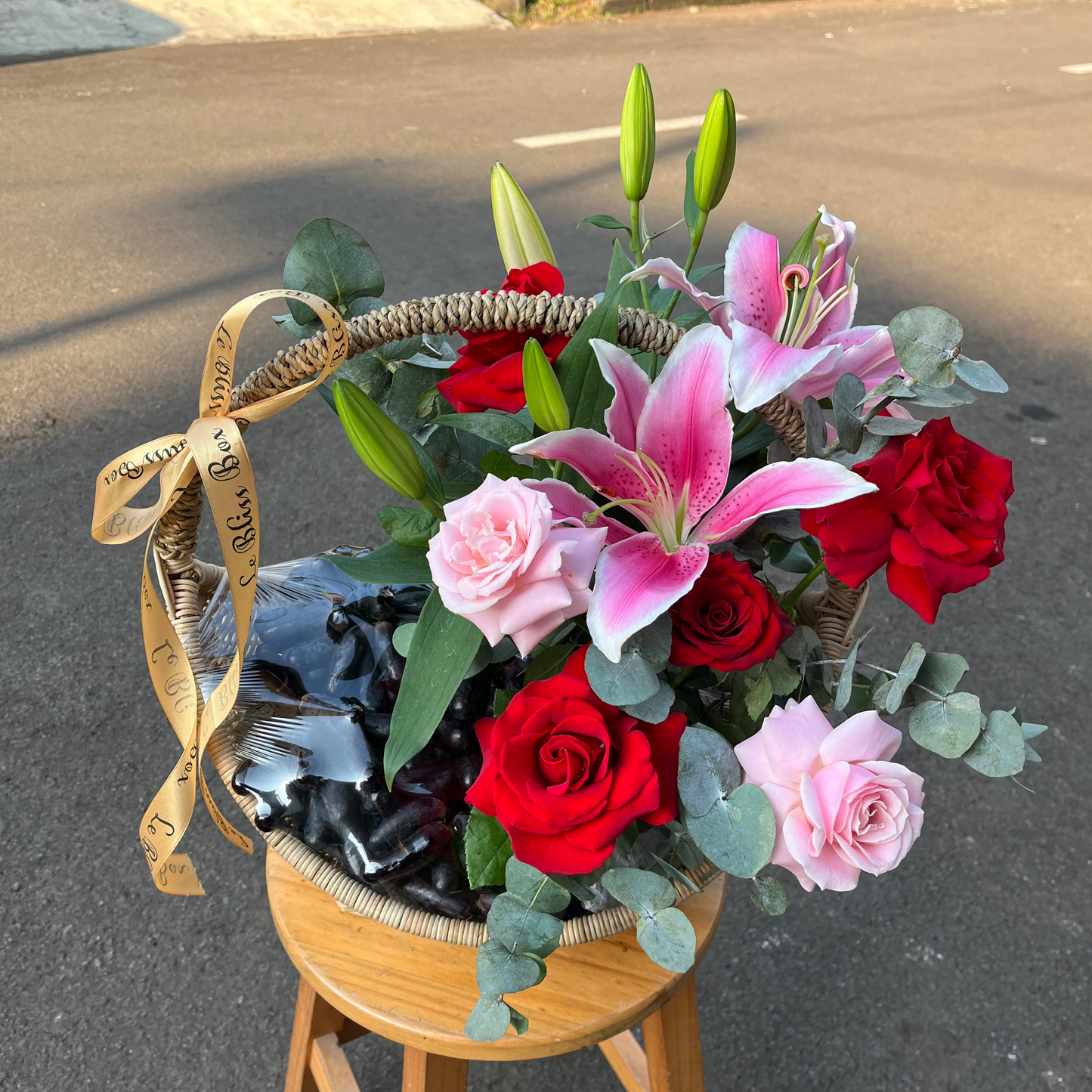 Purple Grapes Red Pink Lily Basket