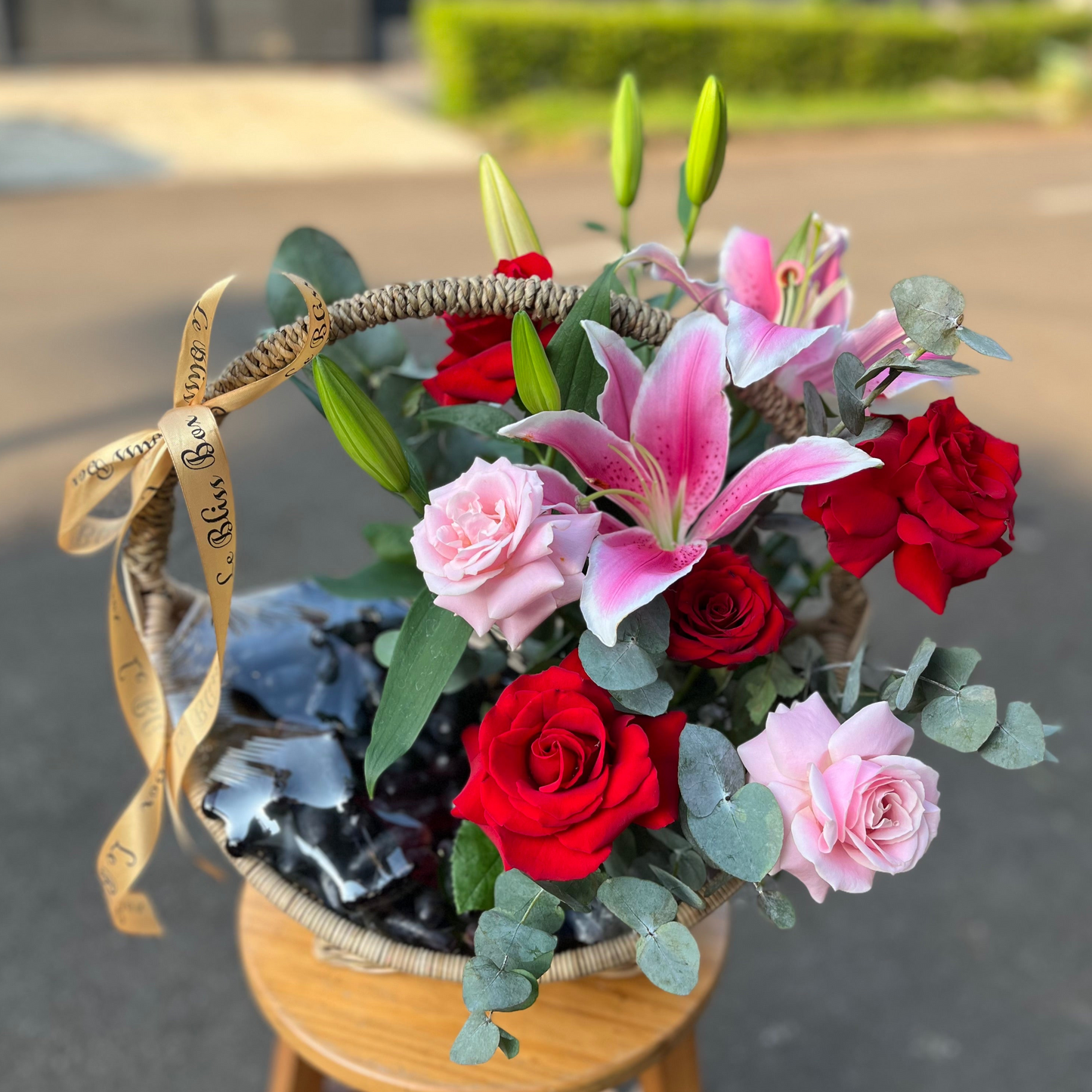 Purple Grapes Red Pink Lily Basket