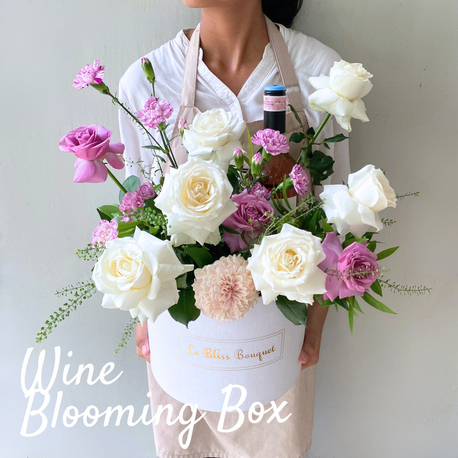 Wine Blooming Box by Le Bliss Bouquet Sababay Wine Flower Hamper