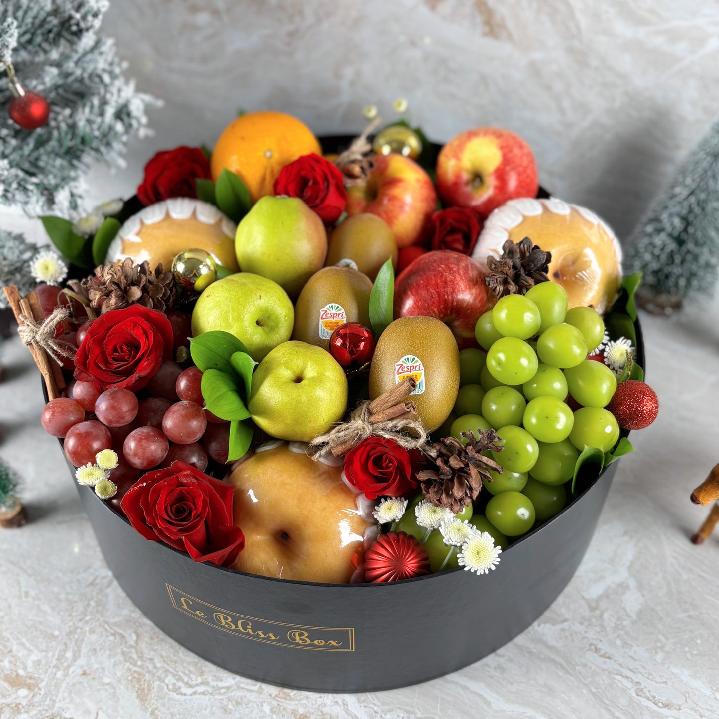 fruit hamper arrangement in a decorative box with 'La Bliss Box' branding. PARCEL BUAH NATAL, HAMPER NATAL JAKARTA, HAMPER NATAL SURABAYA