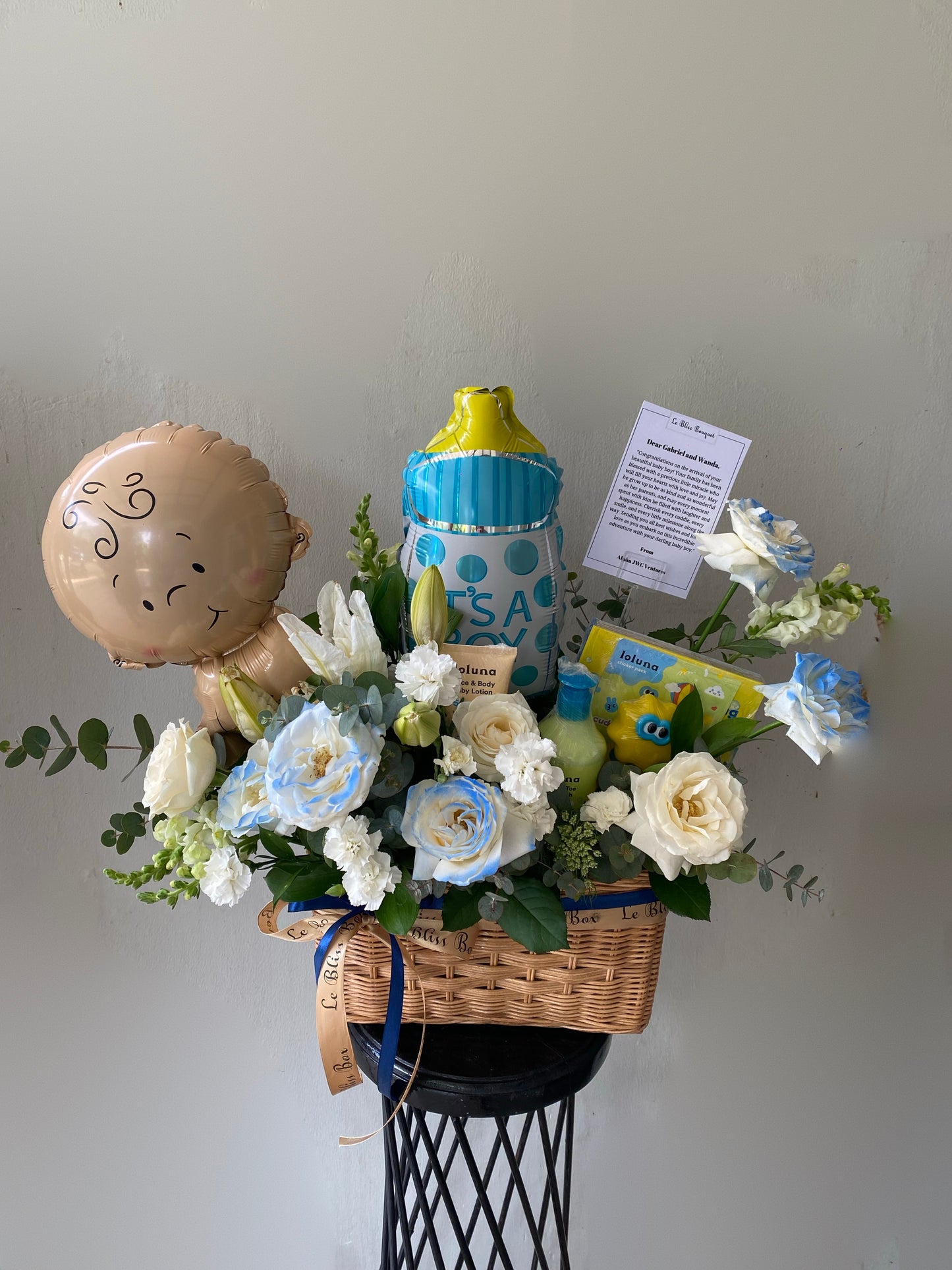 le bliss bouquet newborn baby boy gift with loluna bath set