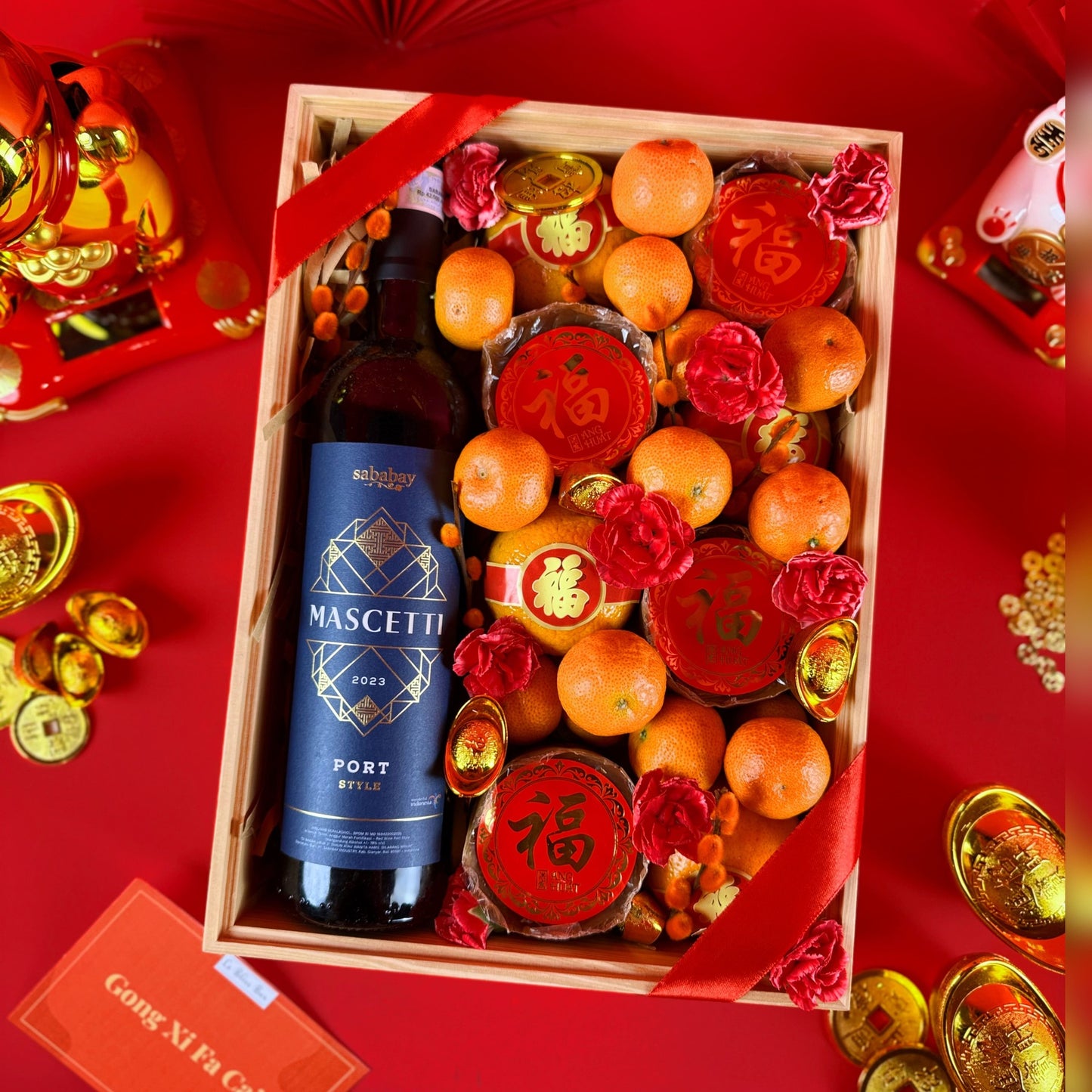 Red Wine Mandarin CNY Wooden Hamper