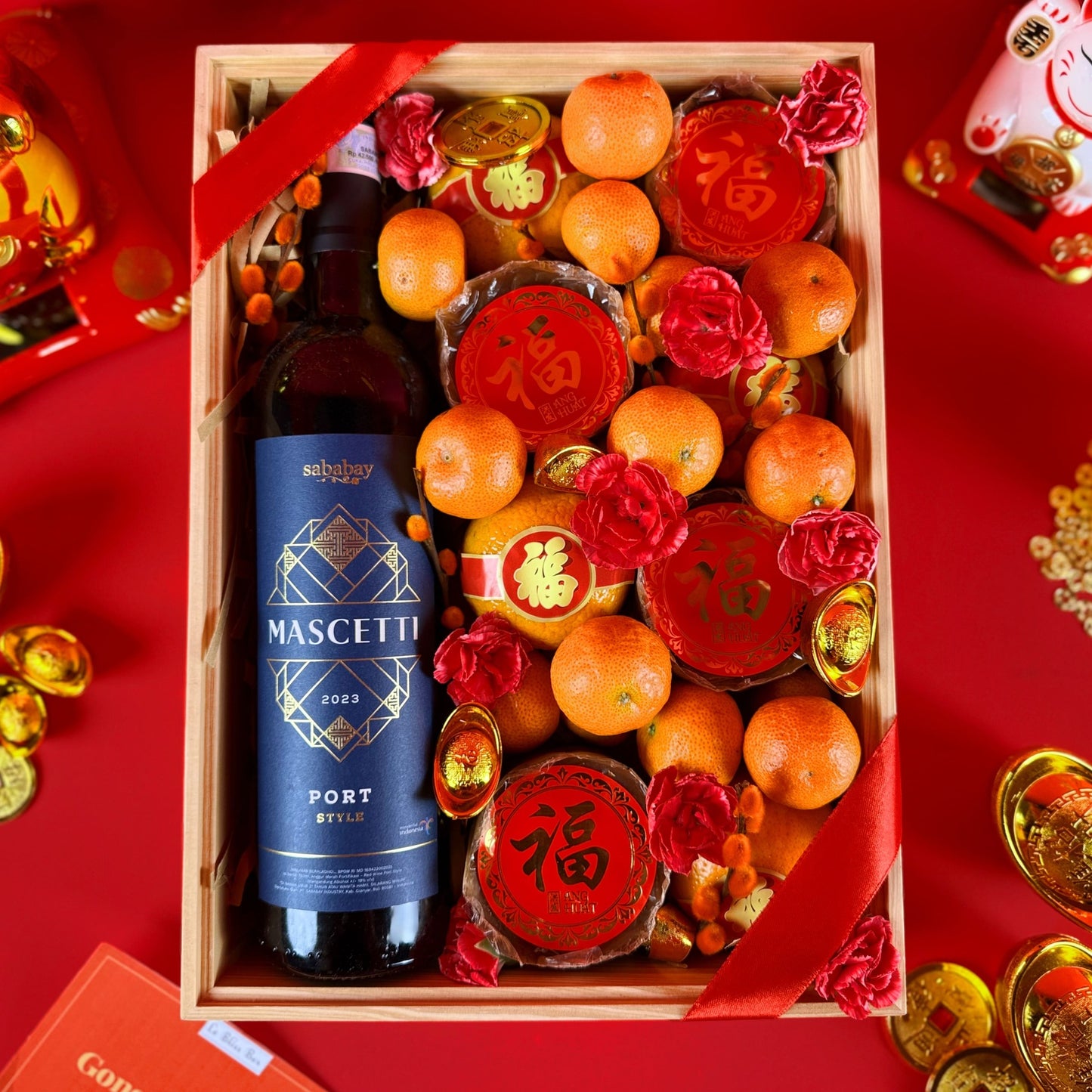 Red Wine Mandarin CNY Wooden Hamper