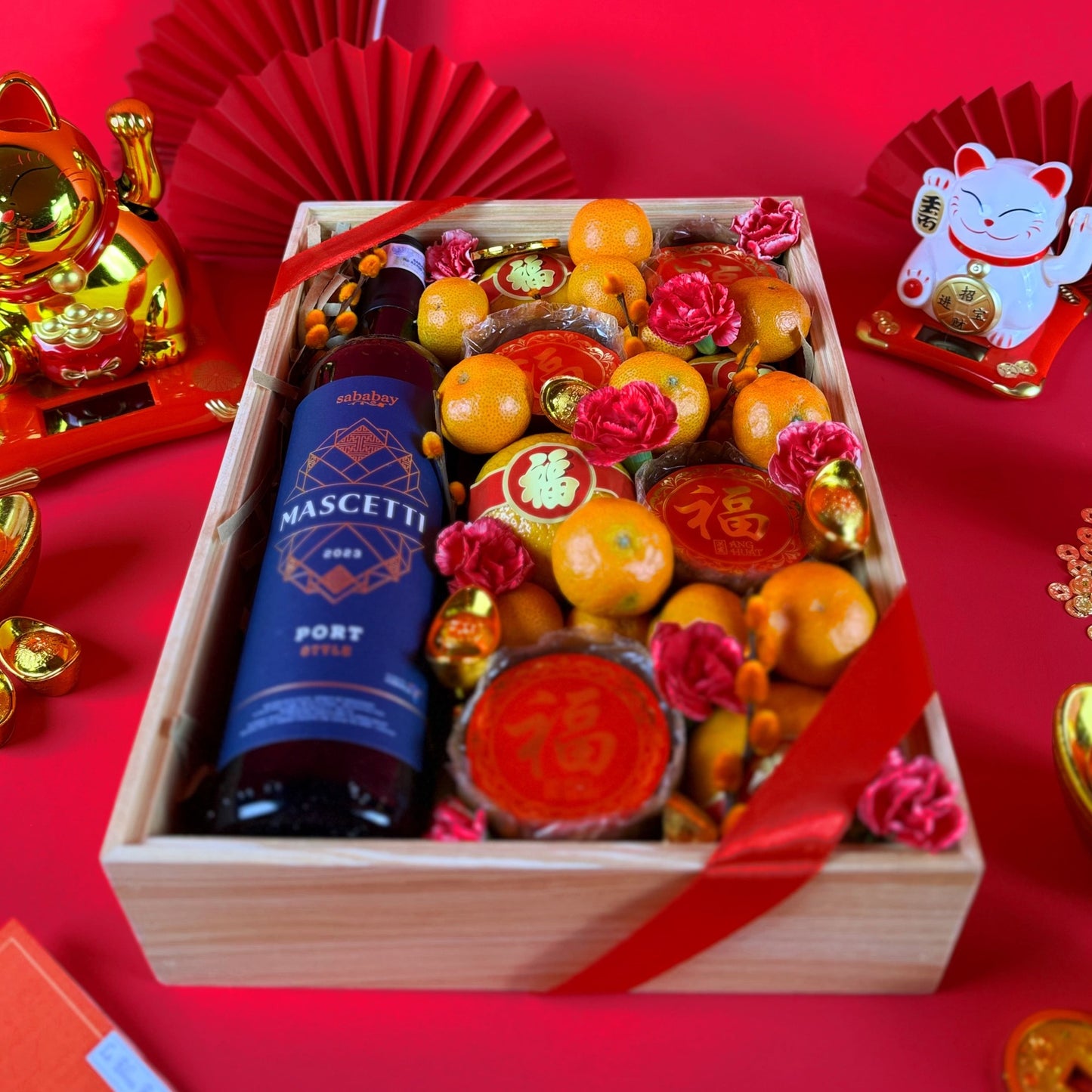 Red Wine Mandarin CNY Wooden Hamper