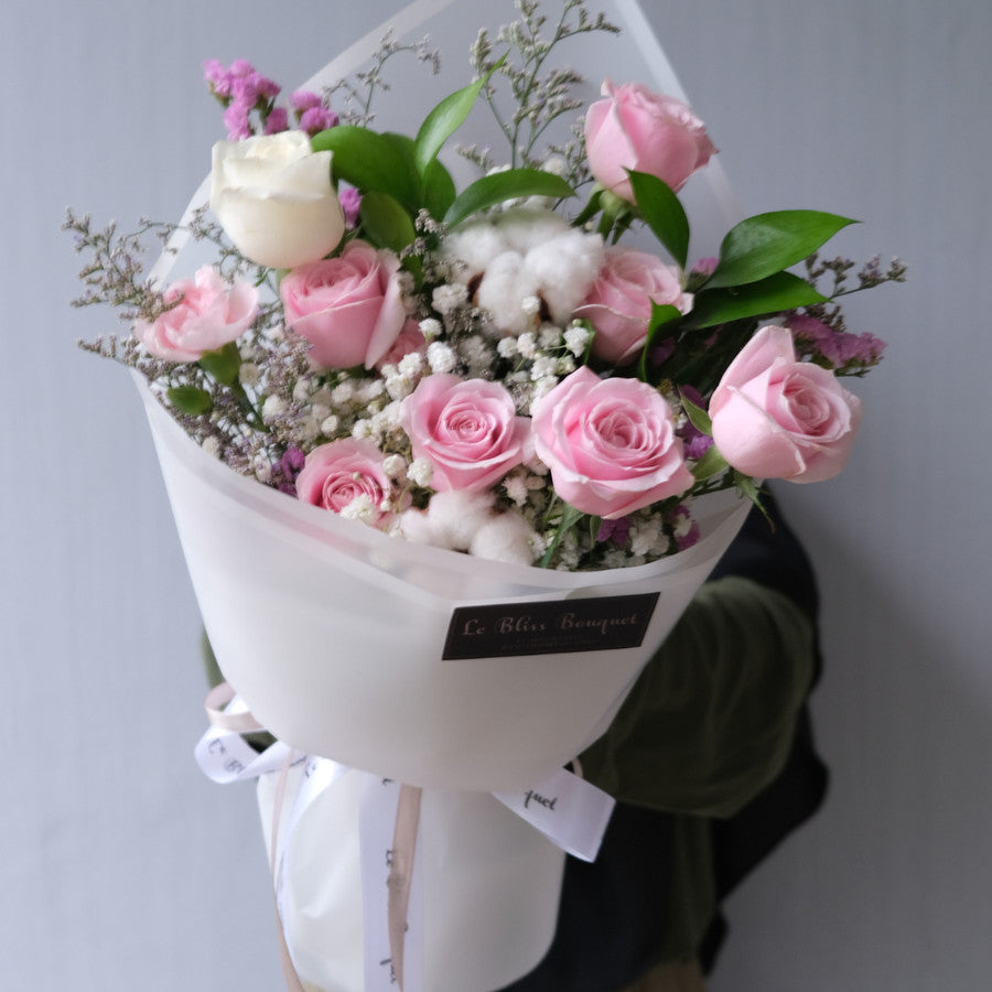 pink rose bouquet with babysbreath carnation and cotton by le bliss bouquet surabaya, florist surabaya, Toko Bunga surabaya