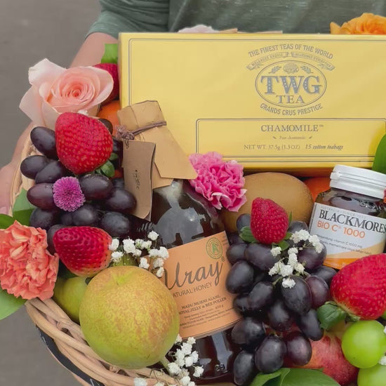fruit basket with twg team, honey, vitamin c black mores fresh fruits by le bliss box. parcel buah surabaya, parcel buah tangerang, parcel buah jakarta, fruit hamper jakarta