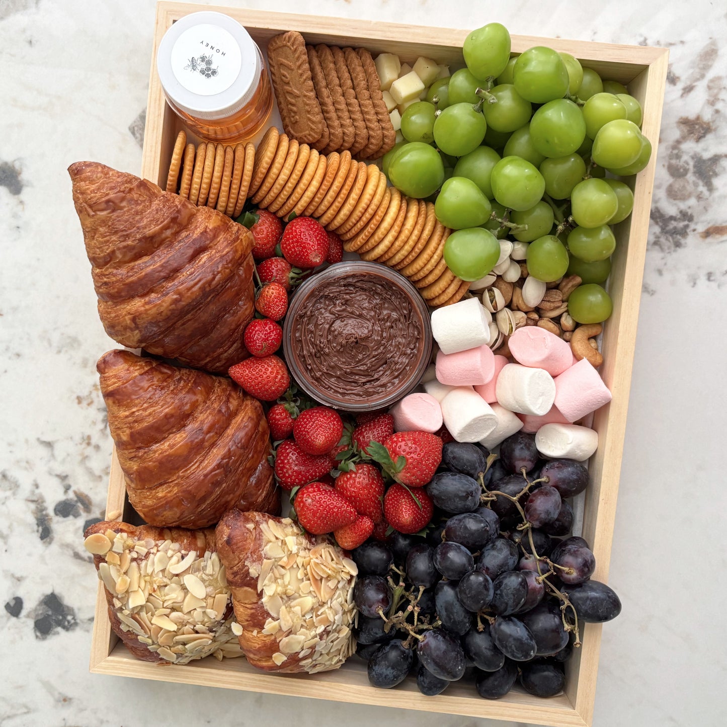 sweet cheese platter jakarta, Assorted food platter with pastries, fruits, and snacks in a wooden box. best sweet platter jakarta and surabaya, by le bliss platter